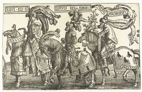 De helden Jozua, David en Judas de Makkabeeër by Lucas van Leyden, print, 1518-1522
