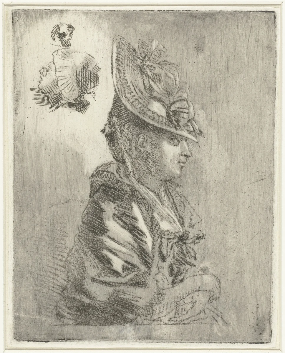 Studieblad met het portret van een jonge vrouw met hoed en twee kleinere portretten by Louis Bernard Coclers, print, 1756-1871
