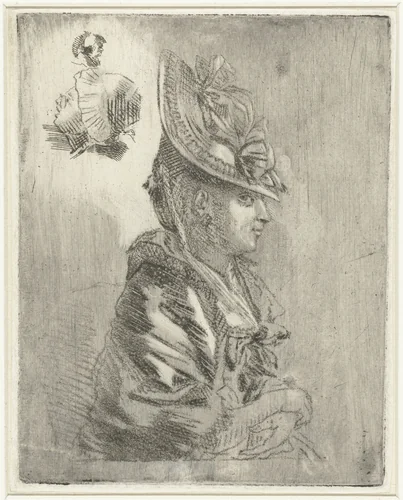 Studieblad met het portret van een jonge vrouw met hoed en twee kleinere portretten by Louis Bernard Coclers, print, 1756-1871
