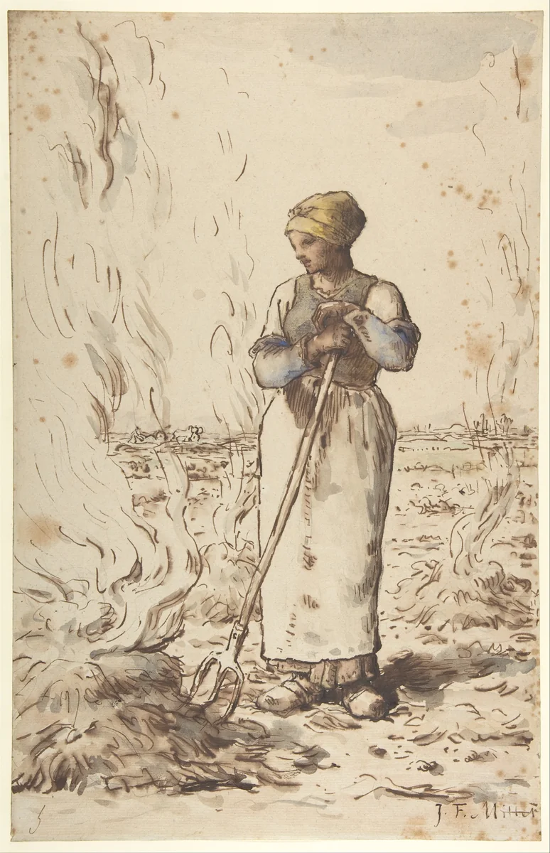 A Woman Burning Weeds by Jean-François Millet, drawing, 1830-1875