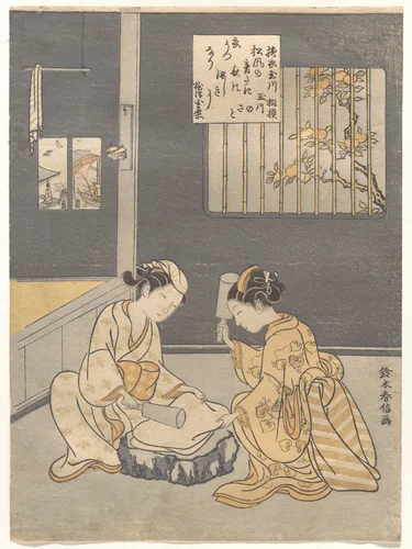The Cloth-Fulling Jewel River, a Famous Place in Settsu Province (Tōi no Tamagawa, Settsu no meisho), from an untitled series of Six Jewel Rivers (Mu Tamagawa) by Suzuki Harunobu (鈴木春信), print, 1766-1767