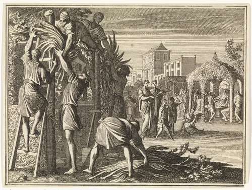 Oprichten van de loofhutten by Jan Luyken, print, 1712