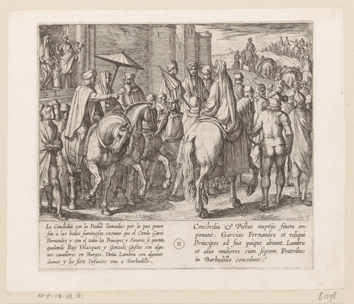 Bruiloftsgasten vertrekken uit Burgos, Gonzalo Gustos blijft bij Ruy Velazquez terwijl de infanten doña Lambra naar Barbadillo begeleiden by Antonio Tempesta, print, 1612