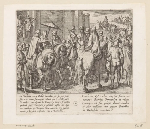 Bruiloftsgasten vertrekken uit Burgos, Gonzalo Gustos blijft bij Ruy Velazquez terwijl de infanten doña Lambra naar Barbadillo begeleiden by Antonio Tempesta, print, 1612