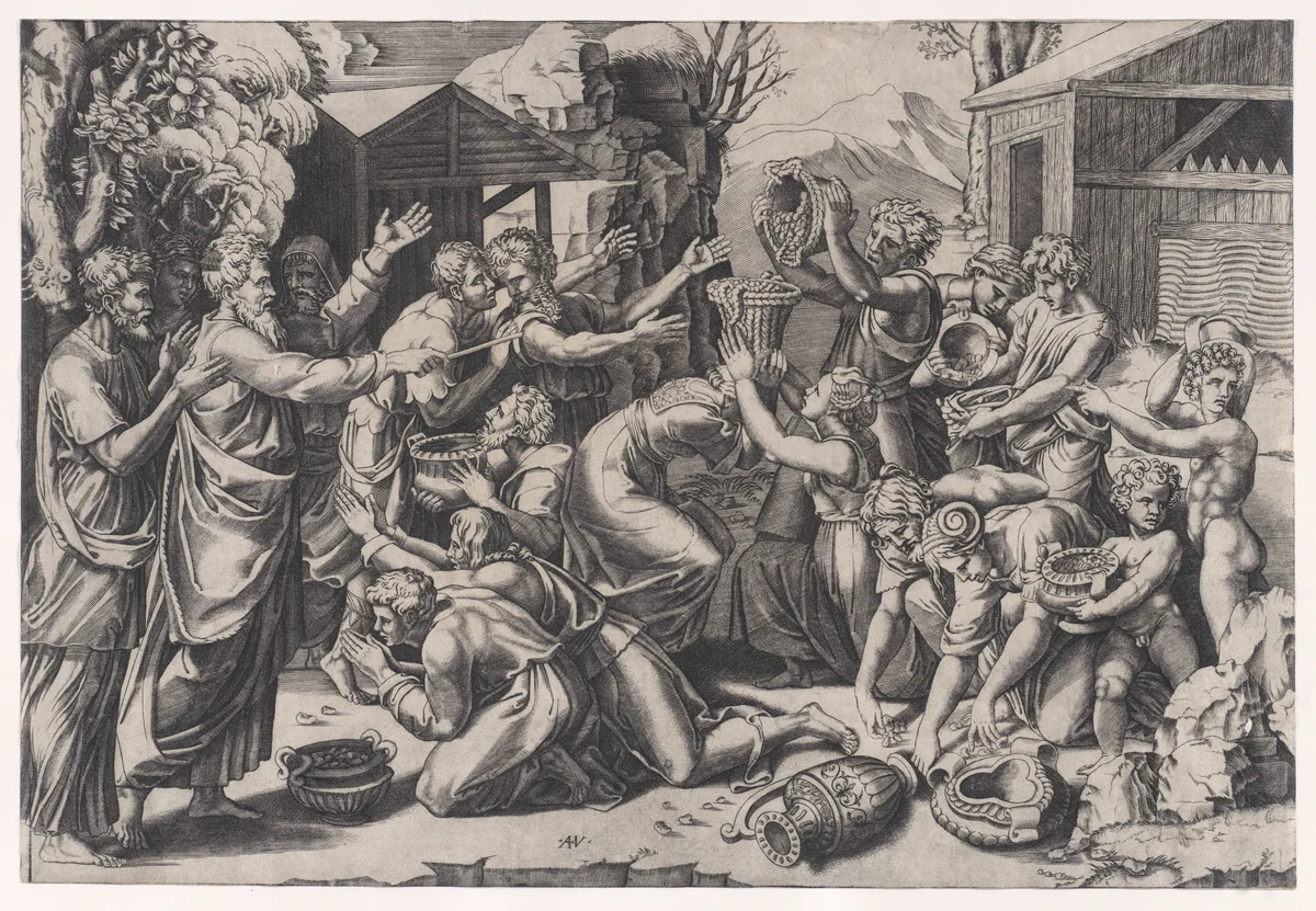 The Israelites Gathering Manna by Agostino Veneziano, print, 1514-1536