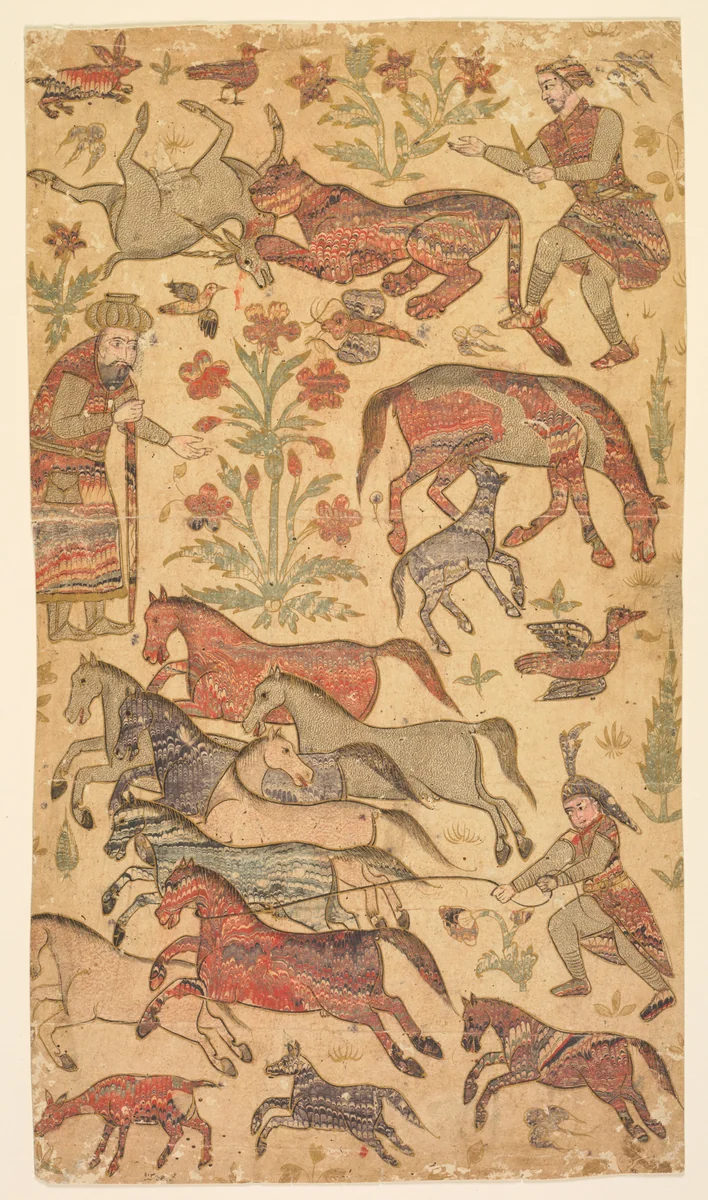 A marbled picture of Rustam catching Rakhsh by Shafi, painting, 1645-1655