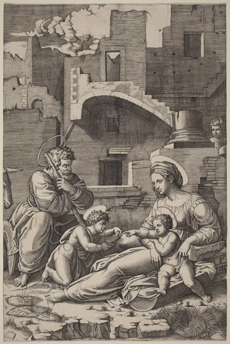 The Holy Family with the Young Saint John the Baptist (The Madonna of the Long Thigh) by Marcantonio Raimondi, print, 1513-1523