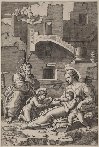 The Holy Family with the Young Saint John the Baptist (The Madonna of the Long Thigh) by Marcantonio Raimondi, print, 1513-1523