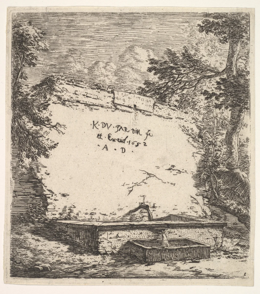 Frontispiece with stepped fountain; a stone wall with water spout pouring water into a rectilinear basin, from which a second spout pours water into a smaller rectilinear basin, flanked by tree branches by Karel Dujardin, print, 1652