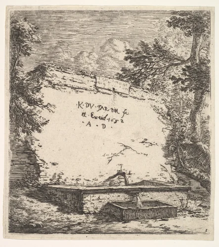 Frontispiece with stepped fountain; a stone wall with water spout pouring water into a rectilinear basin, from which a second spout pours water into a smaller rectilinear basin, flanked by tree branches by Karel Dujardin, print, 1652
