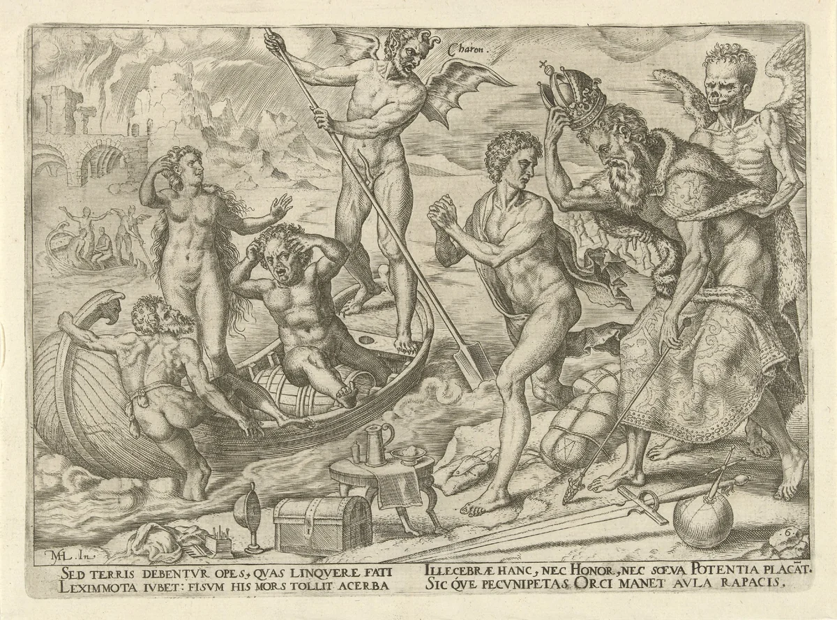 Rijkdom is waardeloos na de dood by Philips Galle, print, 1563