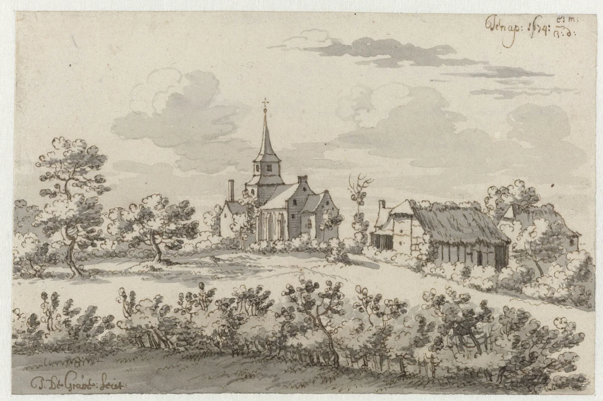 View of Genappe (Genepiën), Walloon Brabant by Josua de Grave, drawing, 1674