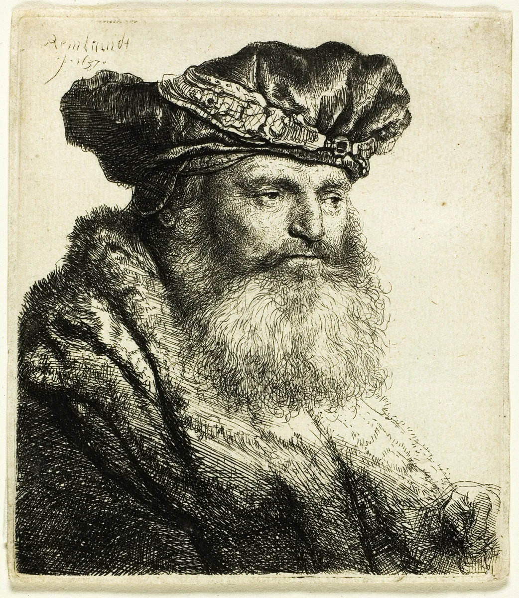 Bearded Man in a Velvet Cap with Jewel Clasp by Rembrandt van Rijn, print, 1637