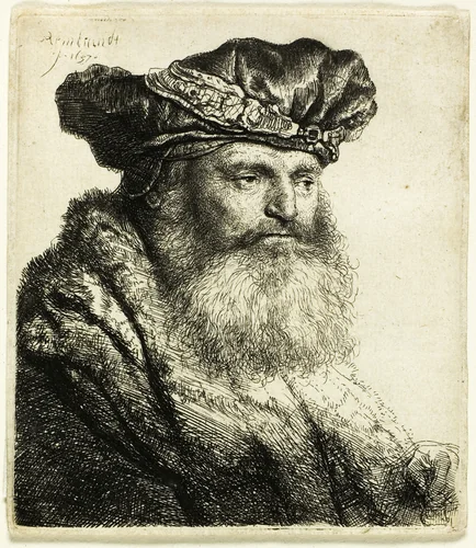 Bearded Man in a Velvet Cap with Jewel Clasp by Rembrandt van Rijn, print, 1637
