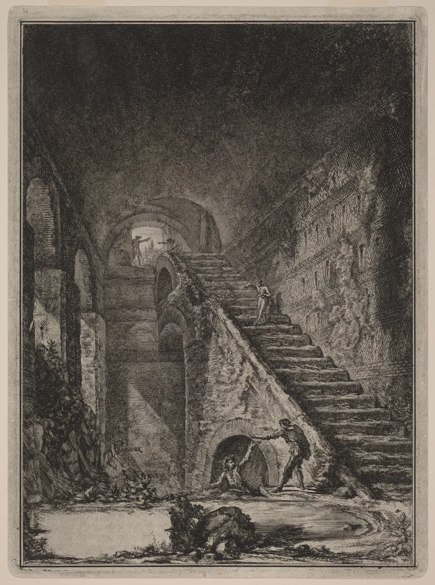 Prospettiva della Scala della conserva d'acqua de' già detti alloggiamenti, accennati in pianta nella Tav. XIII con la lett. G. by Giovanni Battista Piranesi, print, 1764