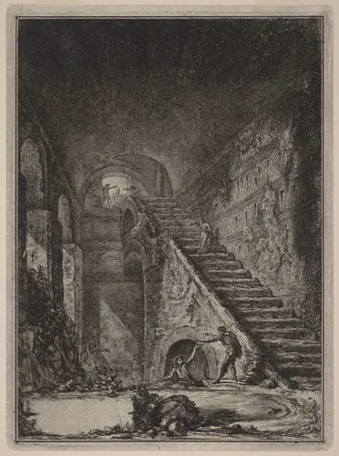 Prospettiva della Scala della conserva d'acqua de' già detti alloggiamenti, accennati in pianta nella Tav. XIII con la lett. G. by Giovanni Battista Piranesi, print, 1764