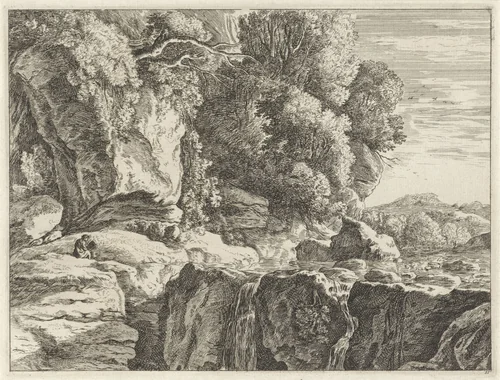 Landschap met kleine waterval by anonymous, print, 1643-1679