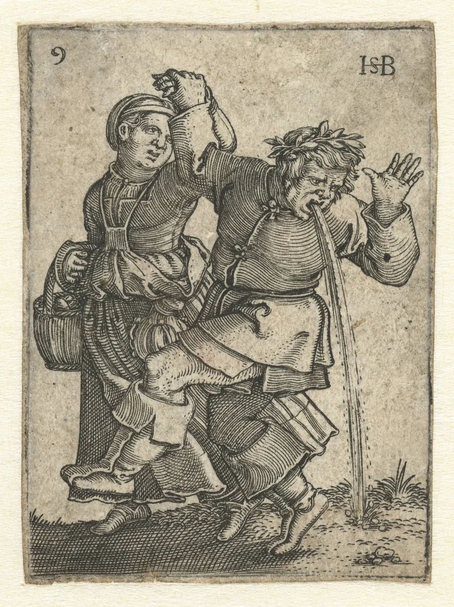Dansend boerenpaar, man geeft over by Unknown, print, 1537