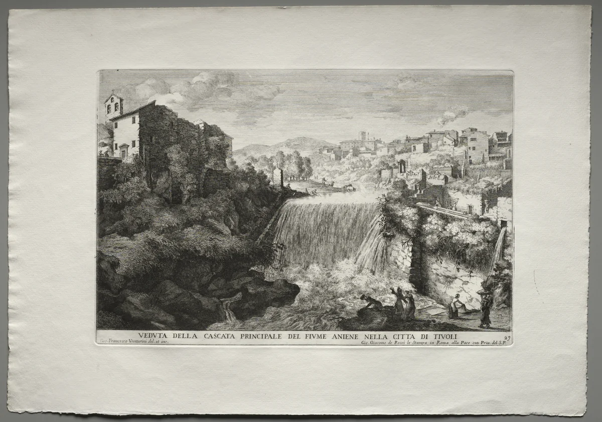 The Fountains of Rome (Le fontane di Roma), Book IV, plate 27: View of the Principal Cascade of the River Aniene in the City of Tivoli (Veduta della Cascata Principale del Fiume Aniene nelle citta di Tivoli) by Giovanni Francesco Venturini, print, 1676-1700