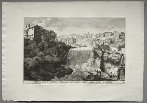 The Fountains of Rome (Le fontane di Roma), Book IV, plate 27: View of the Principal Cascade of the River Aniene in the City of Tivoli (Veduta della Cascata Principale del Fiume Aniene nelle citta di Tivoli) by Giovanni Francesco Venturini, print, 1676-1700