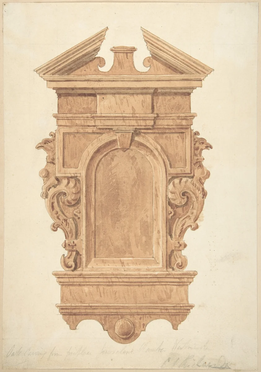Design for Oak Carving, from the Fireplace, Jerusalem Chamber, Westminster by Charles James Richardson, drawing, 1820-1871