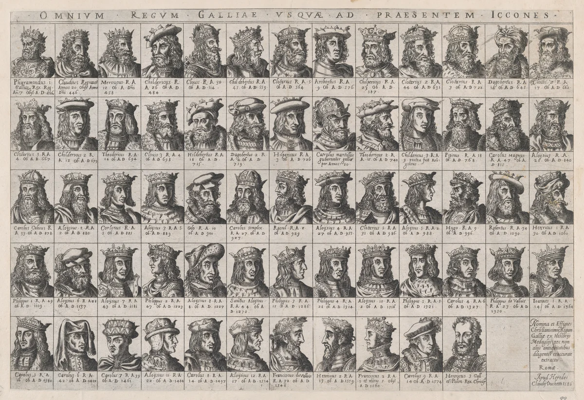 Small Portraits of the French Kings from Pharamond to Henri III, from "Speculum Romanae Magnificentiae" by anonymous, print, 1586