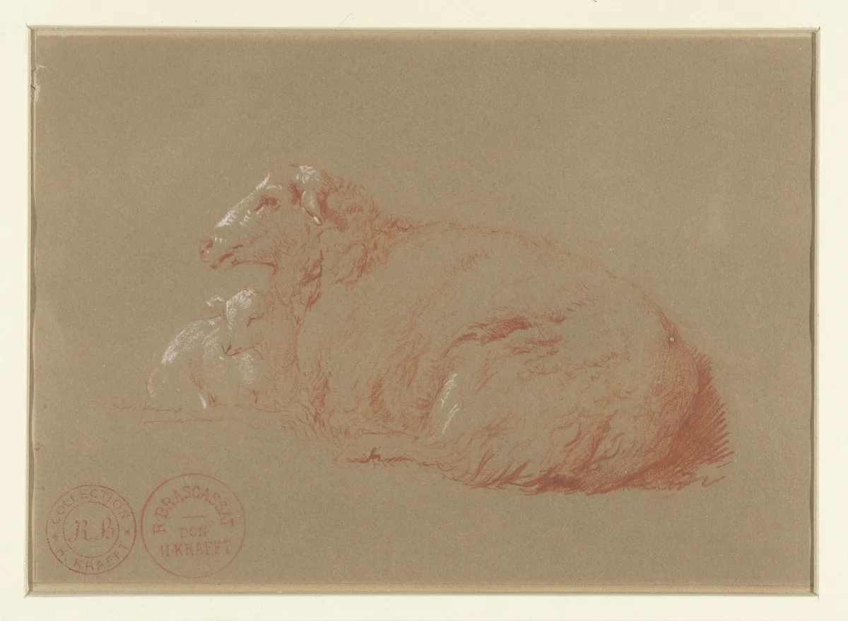 Liggend schaap met lam by Jacques Raymond Brascassat, drawing, 1814-1867
