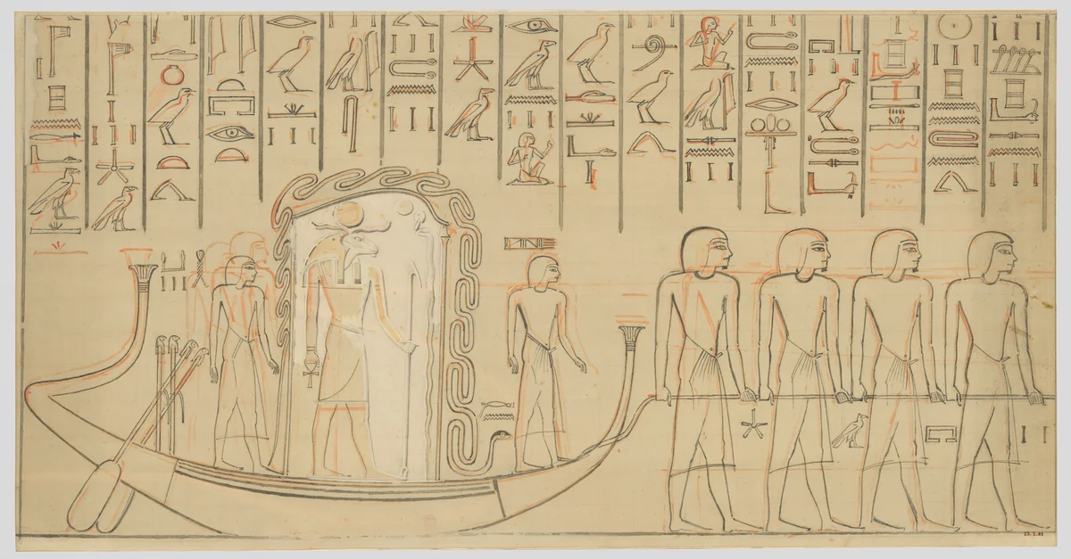 Wall painting of the Mehen snake protecting the barque of Re (facsimile) by Lancelot Crane, artwork, -1323