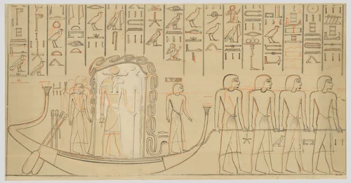 Wall painting of the Mehen snake protecting the barque of Re (facsimile) by Lancelot Crane, artwork, -1323
