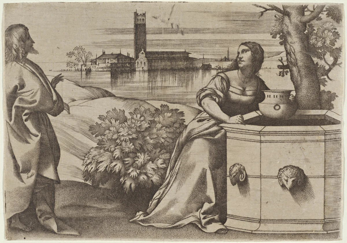 Christ and the Samaritan Woman by Giulio Campagnola, print, 1510