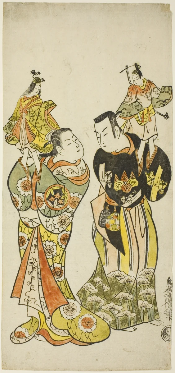 The Actors Yamashita Kinsaku I and Hayakawa Hatsuse as puppeteers in the play "Diary Kept on a Journey by Sea to Izu" ("Funadama Izu Nikki"), performed at the Nakamura Theater in the first month, 1725 by Torii Kiyomasu II (鳥居 清倍), print, 1725