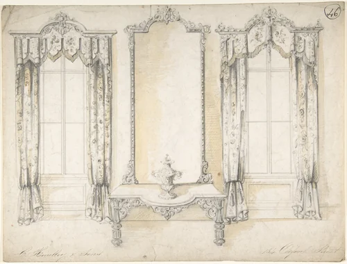 Design for Wall with Fireplace and Side Tables by Charles Hindley and Sons, drawing, 1841-1884