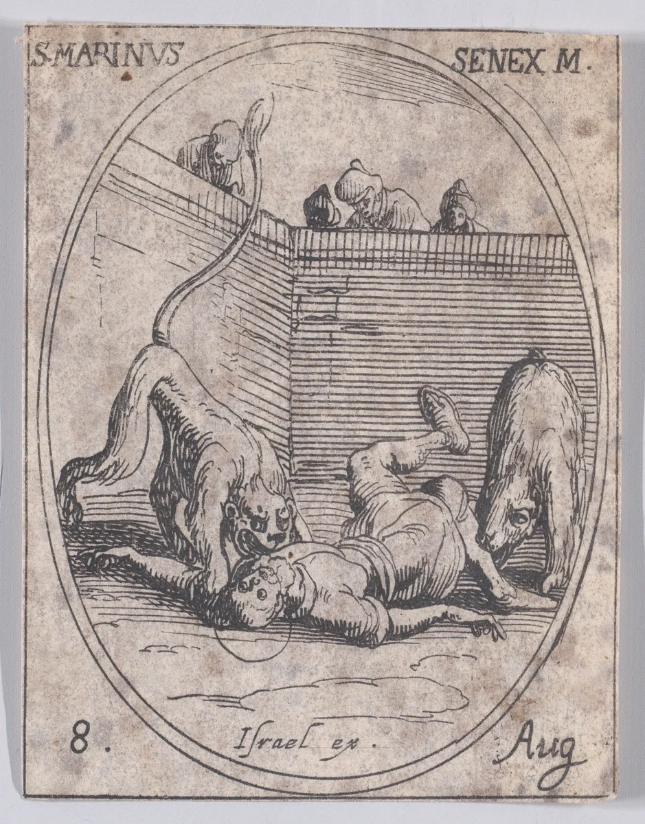 S. Marin, vieillard (St. Marinus, The Aged), August 8th, from "Les Images De Tous Les Saincts et Saintes de L'Année" (Images of All of the Saints and Religious Events of the Year) by Jacques Callot, print, 1636