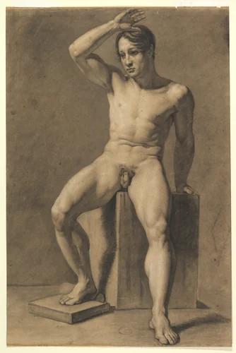 Seated Male Nude (recto); Male Nude Walking (verso) by Anselm Feuerbach, drawing, 1860-1869