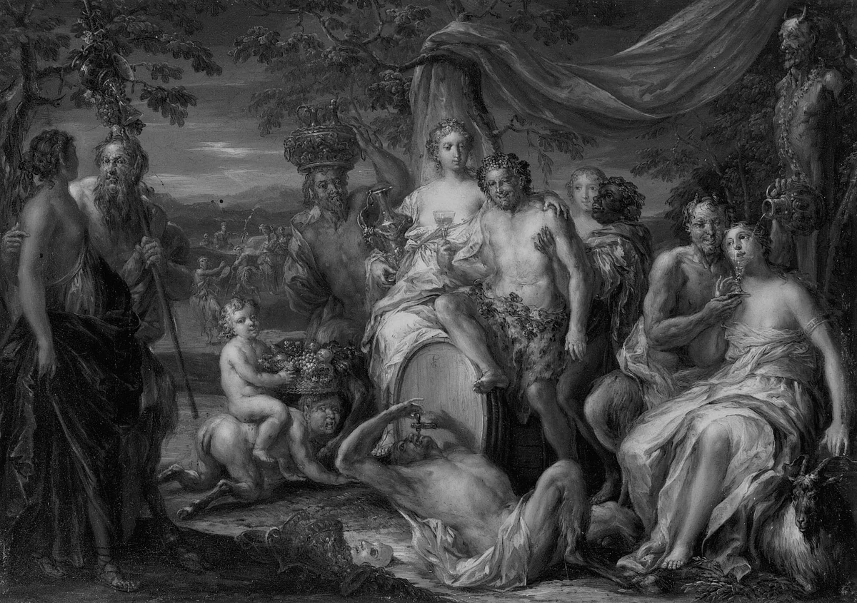 Nymphs and Satyrs Drinking by Johann Georg Platzer, painting, 1730-1750