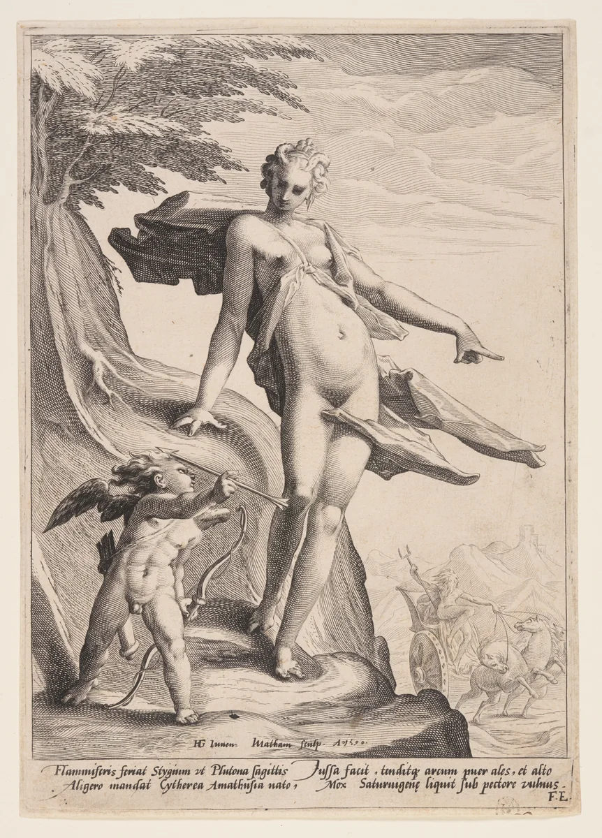 Venus, Cupid and Pluto by Jacob Matham, print, 1590