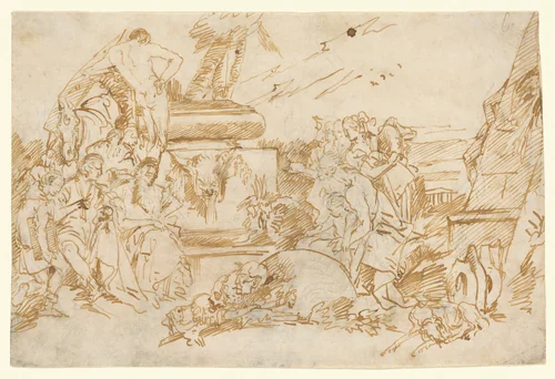 Figures in Antique Dress Grouped About a Pagan Tomb by Lorenzo Baldiserra Tiepolo, drawing, 1736-1770