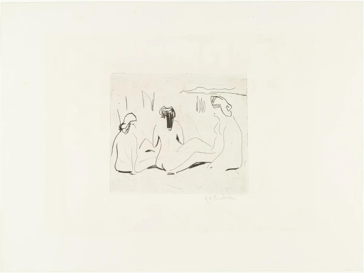 Three Bathers at the Moritzburg Lakes (Drei Badende an den Moritzburger Seen) from Brücke 1910 by Ernst Ludwig Kirchner, print, 1909