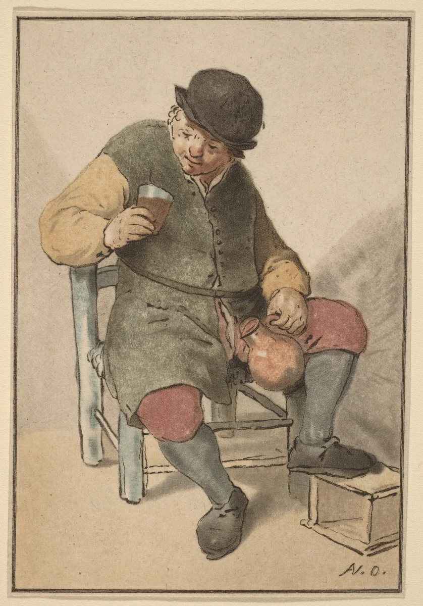 Seated Peasant with Jug by Cornelis Ploos van Amstel; Adriaen van Ostade, print, 1763