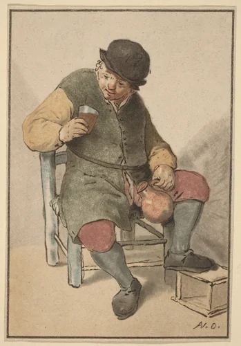 Seated Peasant with Jug by Cornelis Ploos van Amstel; Adriaen van Ostade, print, 1763