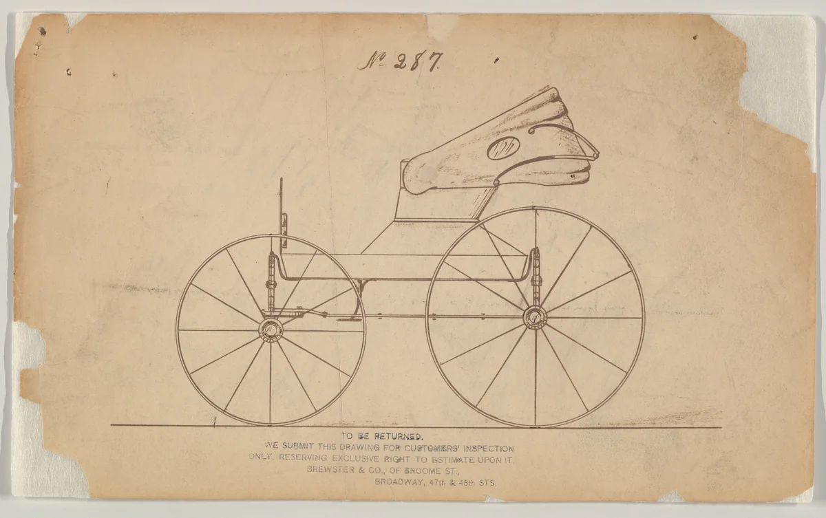 Design for Road Wagon with Folding Top, no. 287 by Brewster & Co., drawing, 1870-1880