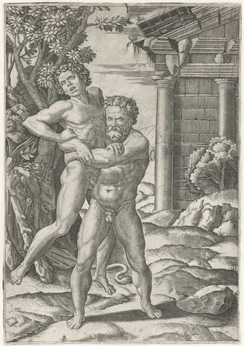 Hercules worstelt met Antaeus by Unknown, print, 1520-1522