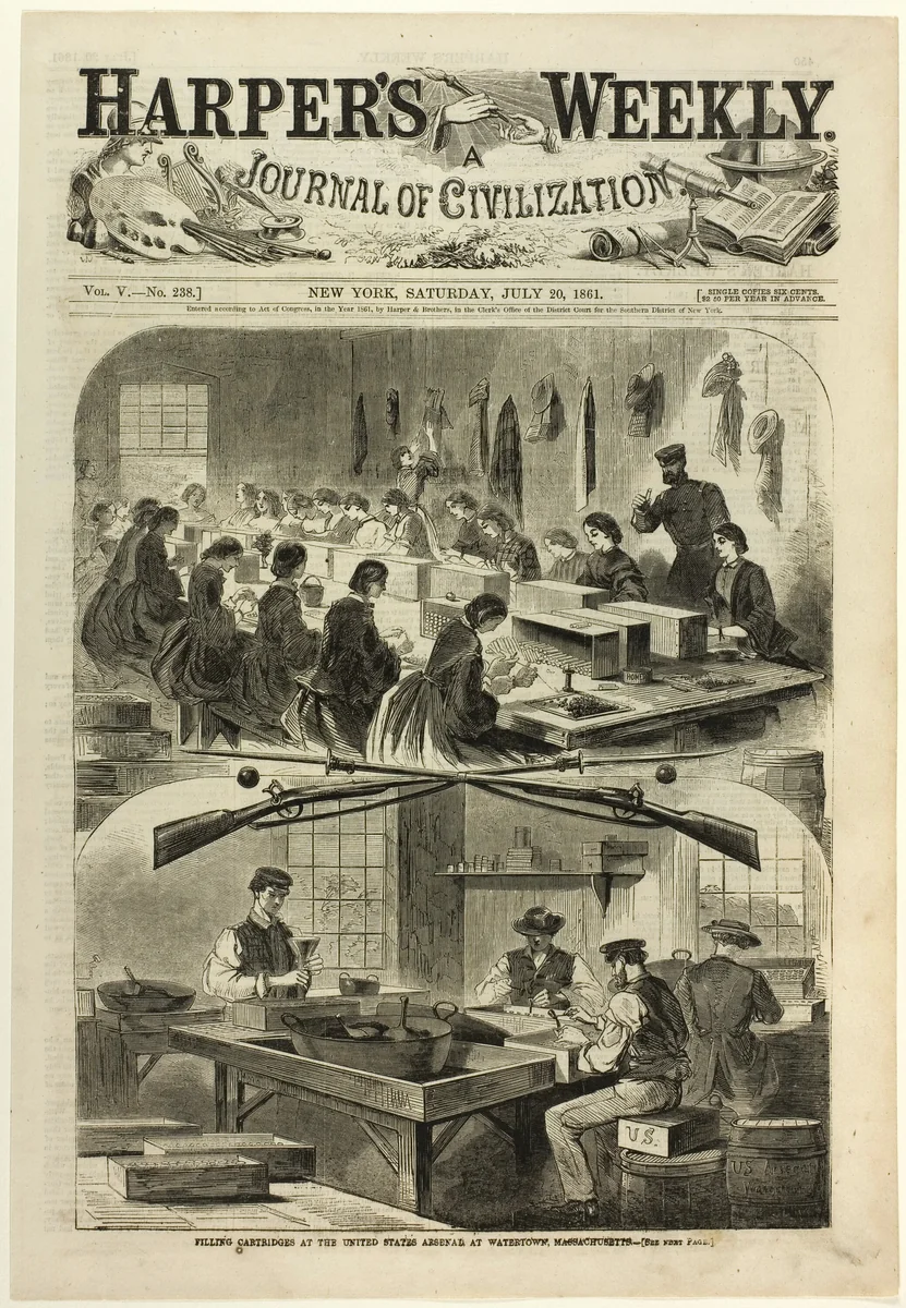 Filling Cartridges at the United States Arsenal, at Watertown, Massachusetts by Winslow Homer, print, 1861