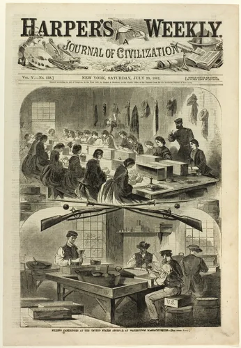 Filling Cartridges at the United States Arsenal, at Watertown, Massachusetts by Winslow Homer, print, 1861