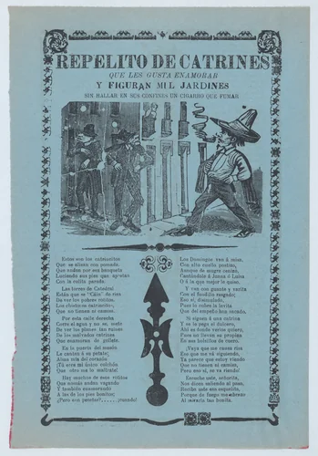 Broadsheet relating to womanizers who are standing on a corner looking up at a woman on a balcony by José Guadalupe Posada, print, 1899-1909