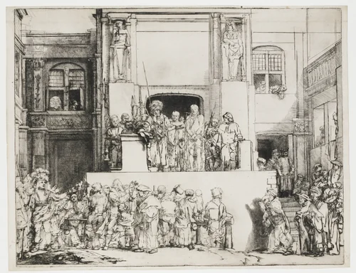 Christ presented to the people: oblong plate by Rembrandt van Rijn, print, 1655