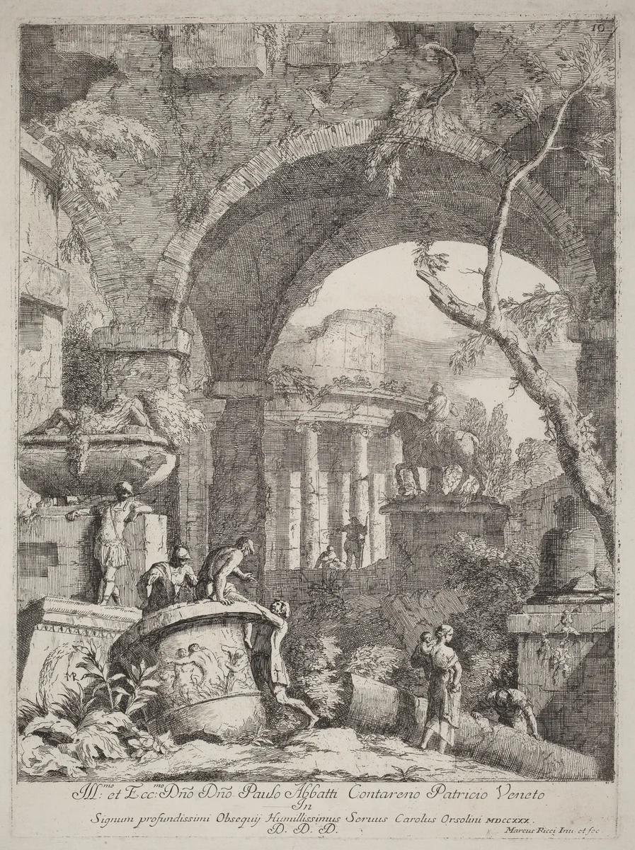 Capriccio: Ruins by Marco Ricci, print, 1676-1729