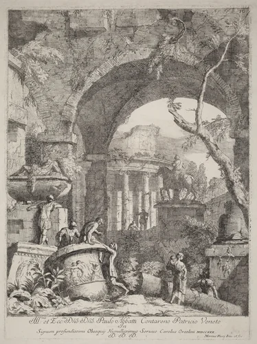 Capriccio: Ruins by Marco Ricci, print, 1676-1729