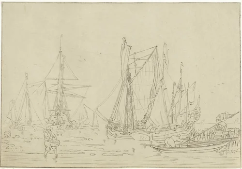 Lossen van aangemeerde schepen by Bernhard Schreuder, print, 1767-1780