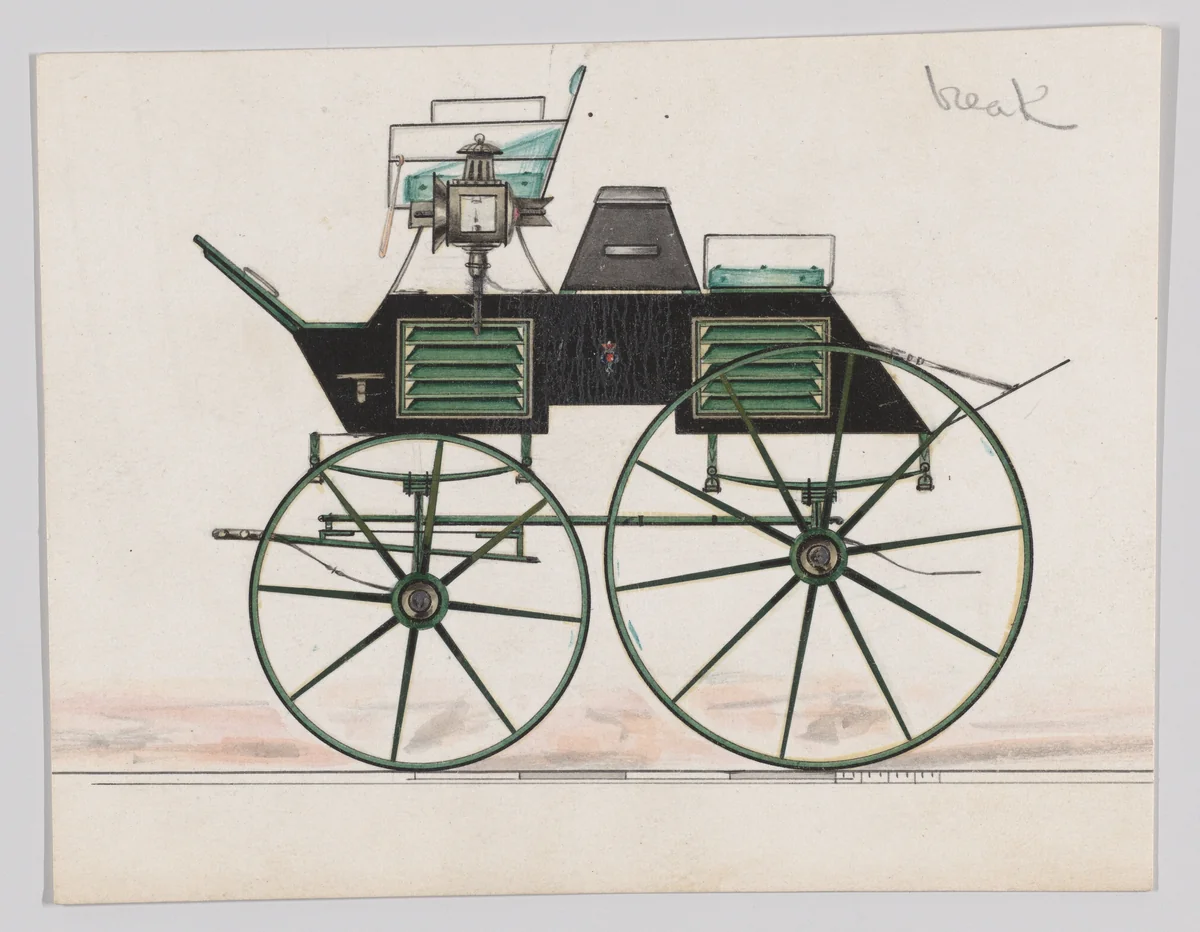 Four Wheel Dog Cart Phaeton/Game Wagon (unnumbered) by Brewster & Co., drawing, 1850-1870